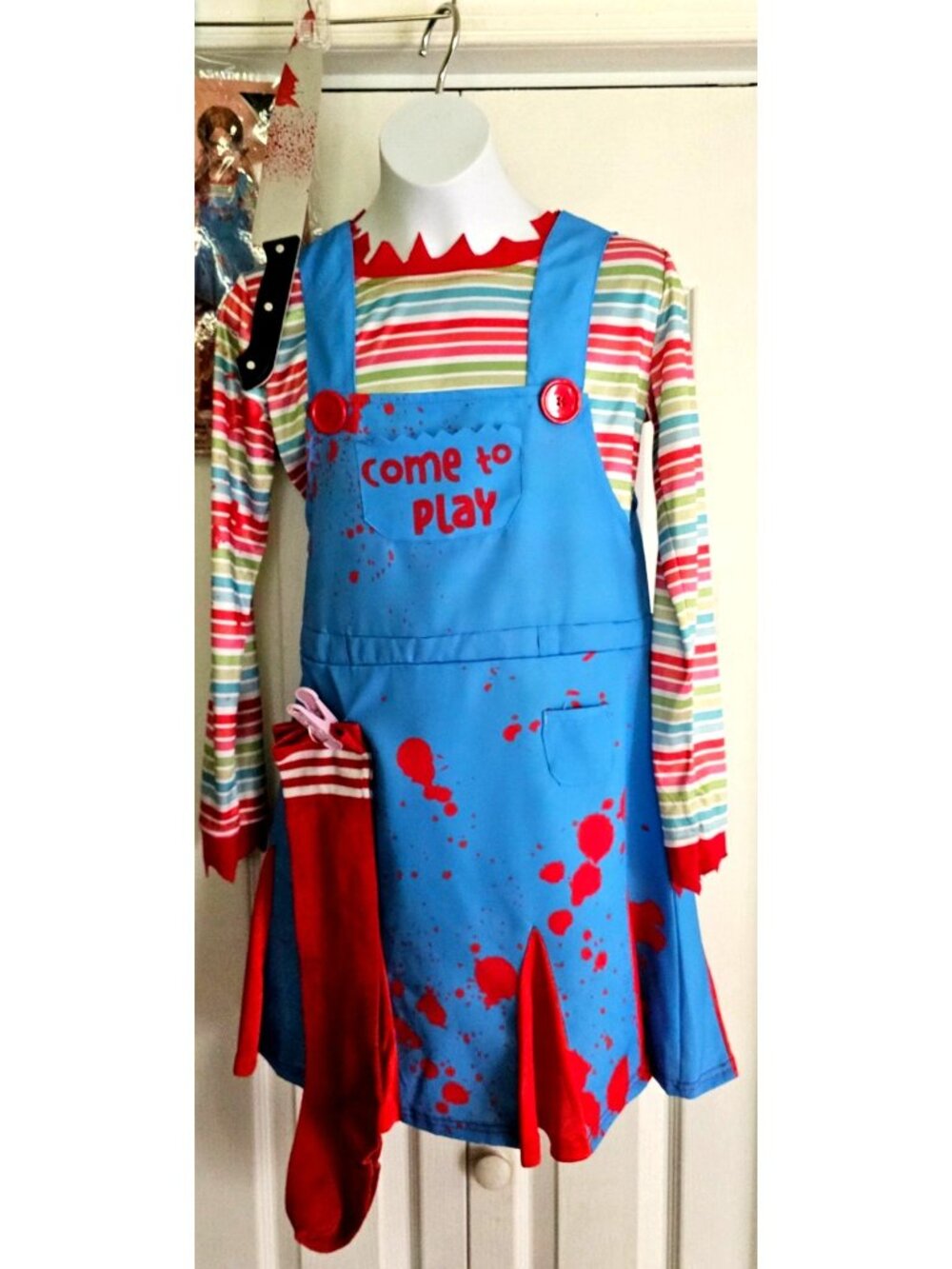 Chucky Costume Girls 10-12 Bloody Creepy Doll Dress Socks Knife Kids Halloween